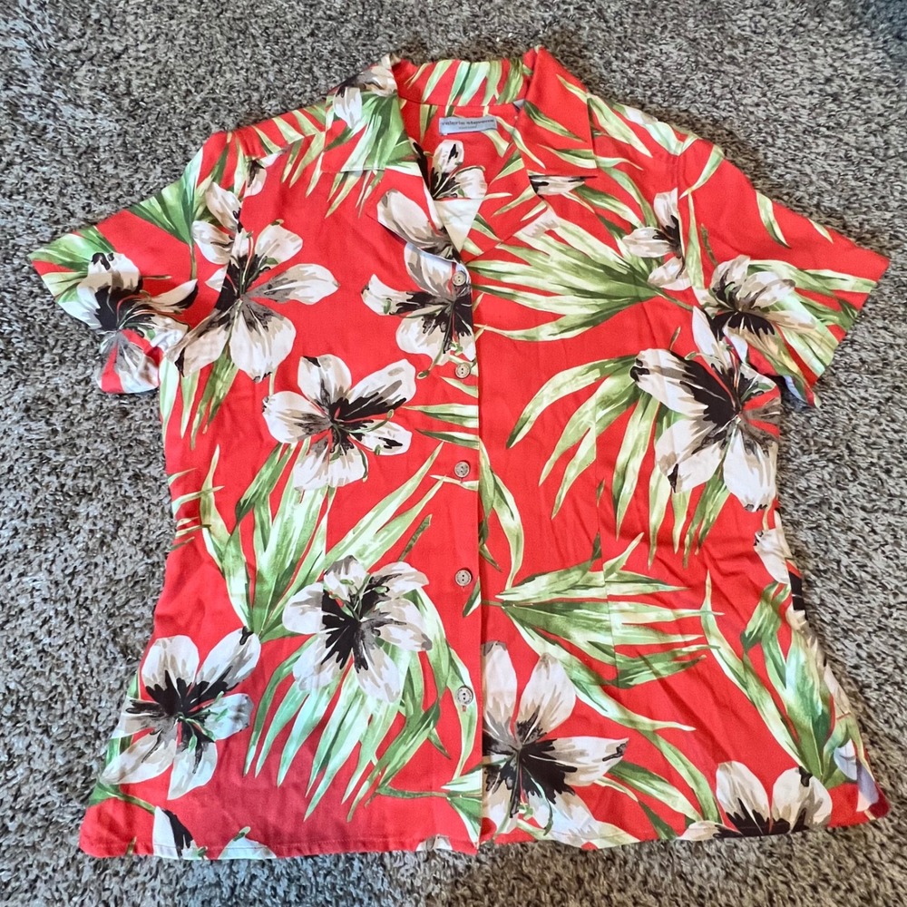 Valerie Stevens Womens Red 100% Silk Tropical Floral Short Sleeve Button Up L